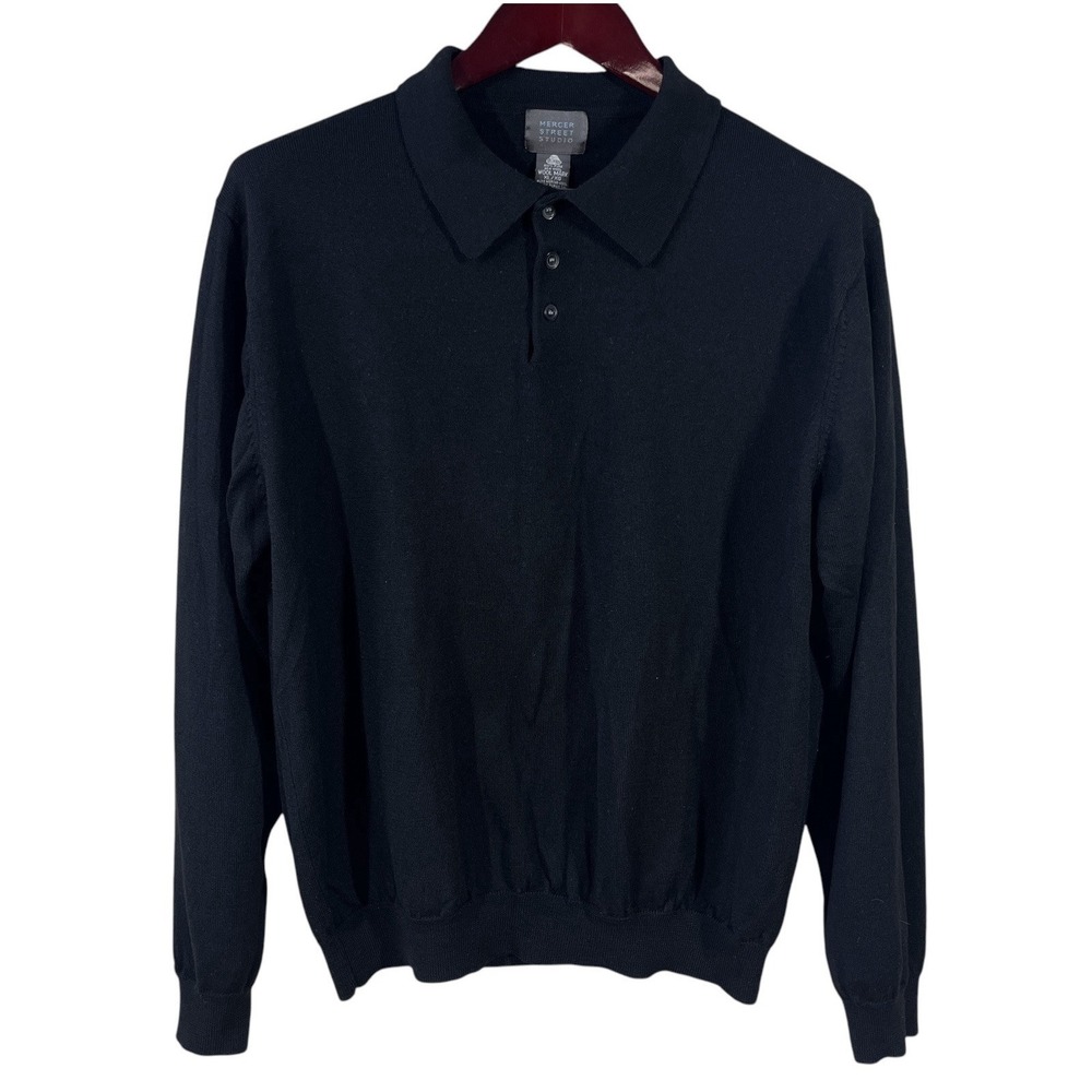Vintage Mercer Street Studio 100% Wool Sweater Mens XL Black Fine Knit Collared